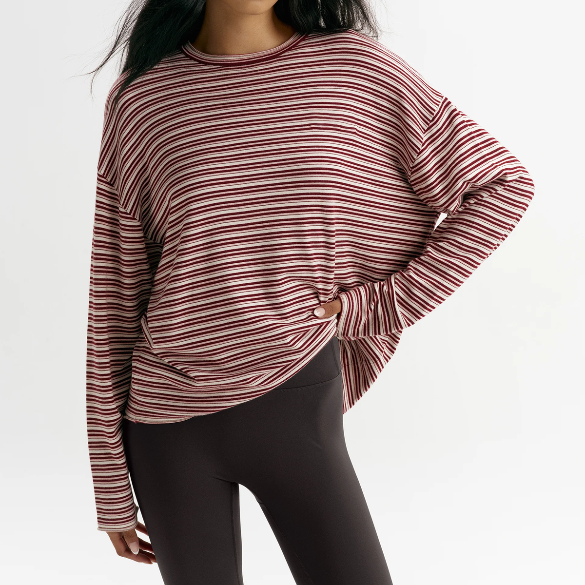 Oversized Striped Knit Roll‑Hem Sweatshirt Top
